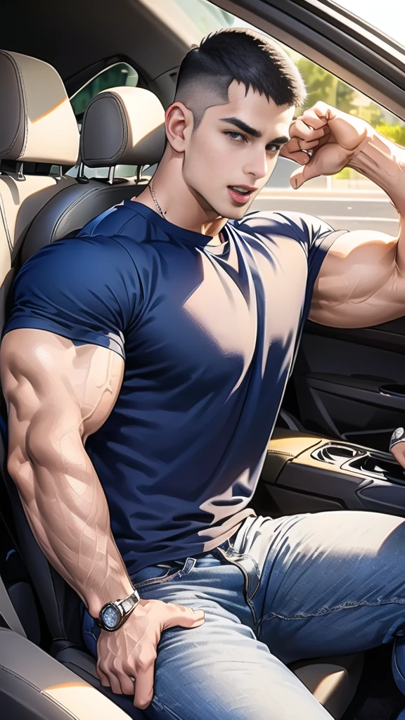 (Create a masterpiece: 1.2),(CGI art:1.3),(realistic:1.5),(After processing:1.3),(Sharp focus:1.3), 1 man holds the steering wheel of a car ,(crew cut short hair:1.8),black eye, smile, (Wear color navy round neck T-shirt with a Police badge: 1.3), Navy blue jeans, Korean guy , korean men, (High gloss details), chest muscles, large arm muscles, blood vessel, Big muscles, Broad shoulders, looking at the audience, Balancing the eyes, middle of the road, (drive a car: 1.5), (in the car: 1.3), , middle of the road, (open mouth:1.2)