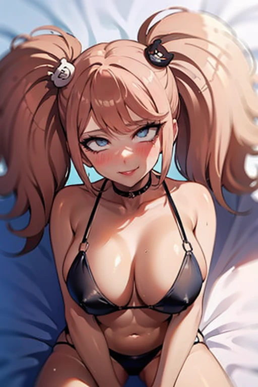 hot seductive mature woman, junko enoshima, slight tan, curvy body, smooth skin, fluffy pigtails, choker, completely black bikini, blushing a lot on cheeks and nose, lying in bed, messy hair, sharp blue eyes, beautiful face, safe for work, smooth skin, legs closeup, view from above