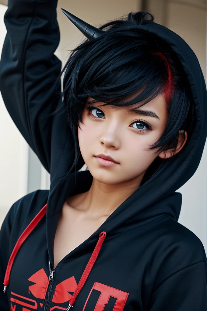anime girl a drak blue shirt hoodie,black shirt inside, red eyes,all black hairstyles,red horn,Not wearing wings.