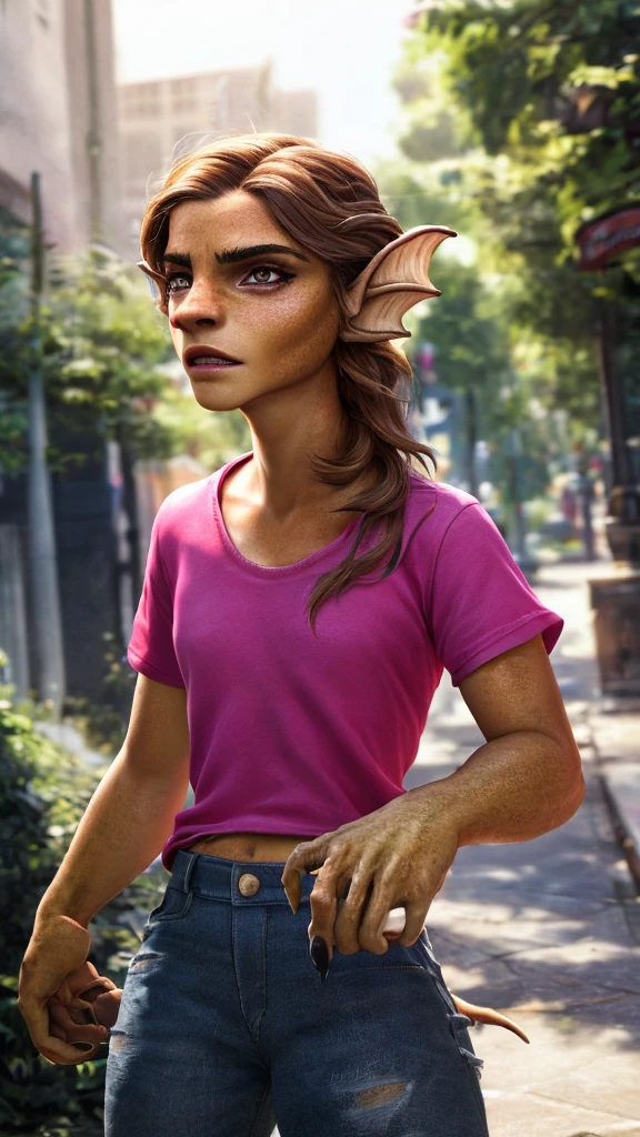 1girl, ewt, Emma watson, beautiful detailed eyes, beautiful detailed lips, extremely detailed eyes and face, long brown hair, pink t-shirt, jeans, standing on a street corner, award winning, intricate details, photorealistic, cinematic lighting, volumetric lighting, depth of field, beautiful face, striking pose, dynamic composition, vivid colors, warm tones, transformation into a dragon, green dragon with gold scales