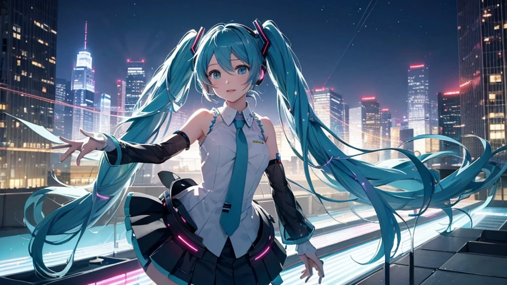 This painting depicts a scene from a city rooftop dance event featuring Hatsune Miku.。With the night view in the background、She performs energetically on the rooftop。The stage lights illuminated her futuristic outfit.、It blends in with the lights of the surrounding buildings.
