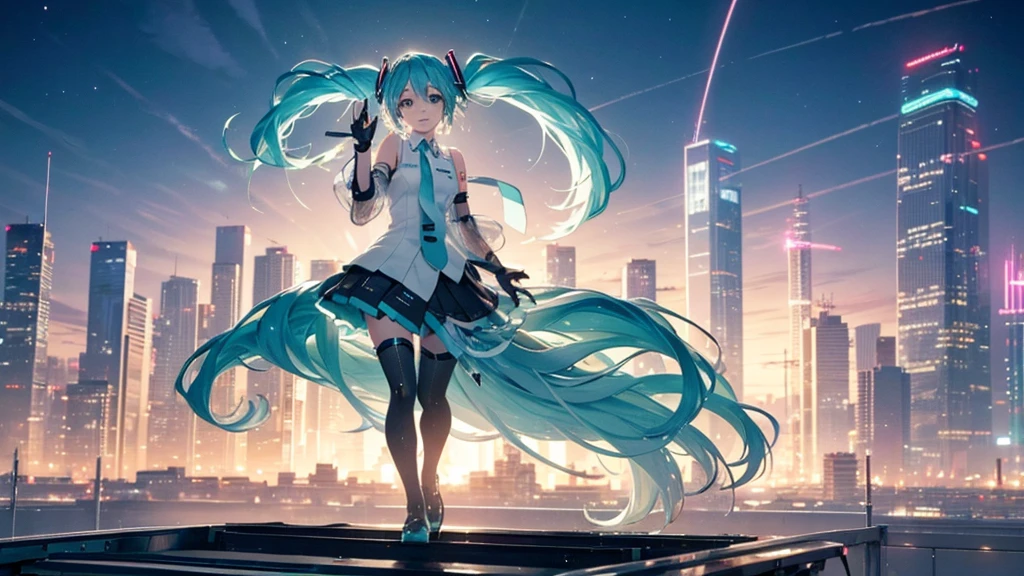 This painting depicts a scene from a city rooftop dance event featuring Hatsune Miku.。With the night view in the background、She performs energetically on the rooftop。The stage lights illuminated her futuristic outfit.、It blends in with the lights of the surrounding buildings.