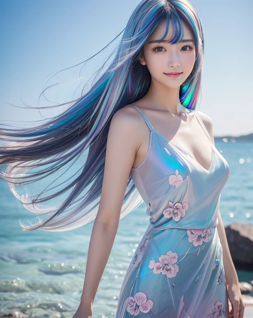 (Highest quality, 32k, High resolution, Masterpiece:1.5, ), marimo_jet, god々A photograph with brilliant dazzling and healing power., Evoking a sense of calm and elusive beauty, Expressing emotions, Have a rich imagination,Beautiful Japanese Girls, An exceptionally beautiful face, Small Face Beauty, Perfect Human Anatomy, Magical big eyes, Motherhood and generosity, Deep Love, fleeting smile, ((Iridescent gradient hair:1.4)), ((Super Long Straight Silk Hair:1.1)), Asymmetrical bangs, Hair between the eyes, Transparent, soft white skin, Sharp eyebrows, Thin lashes, Natural Makeup, Cheek highlighter, Pale pink detailed lips, ((Light blue floral dress:1.3)), High resolutionの完璧な鎖骨, High resolutionの美しい胸元, Slim figure with ample breasts, High resolutionの美しい太もも, ((Detailed blue sky background:1.2)), Professional Lighting, Professional photographer, Professional models, god秘的