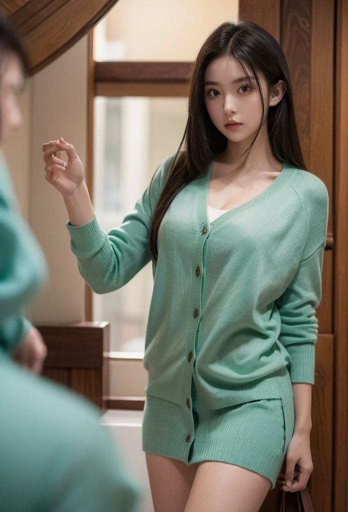 (masterpiece, best quality, high resolution), He trained four (Shinobi), Cyan cardigan, sweater, dark_green_shirt,mini skirt, permanent, Open your clothes, Solitary,