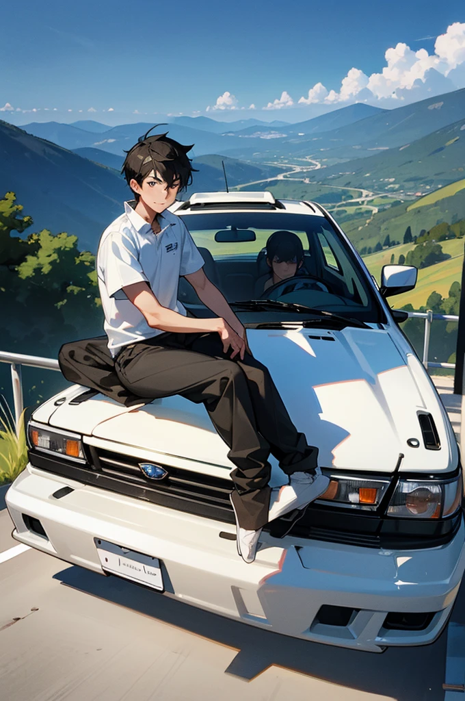 black-haired boy sitting on the hood of his rally subaru impreza wrx with mountains in the background