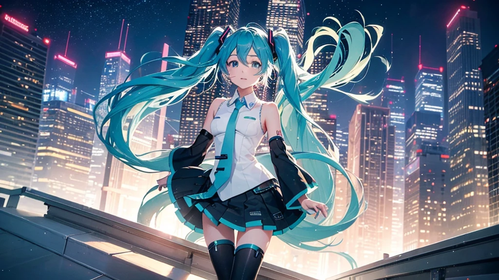 This painting depicts a scene from a city rooftop dance event featuring Hatsune Miku.。With the night view in the background、She performs energetically on the rooftop。The stage lights illuminated her futuristic outfit.、It blends in with the lights of the surrounding buildings.