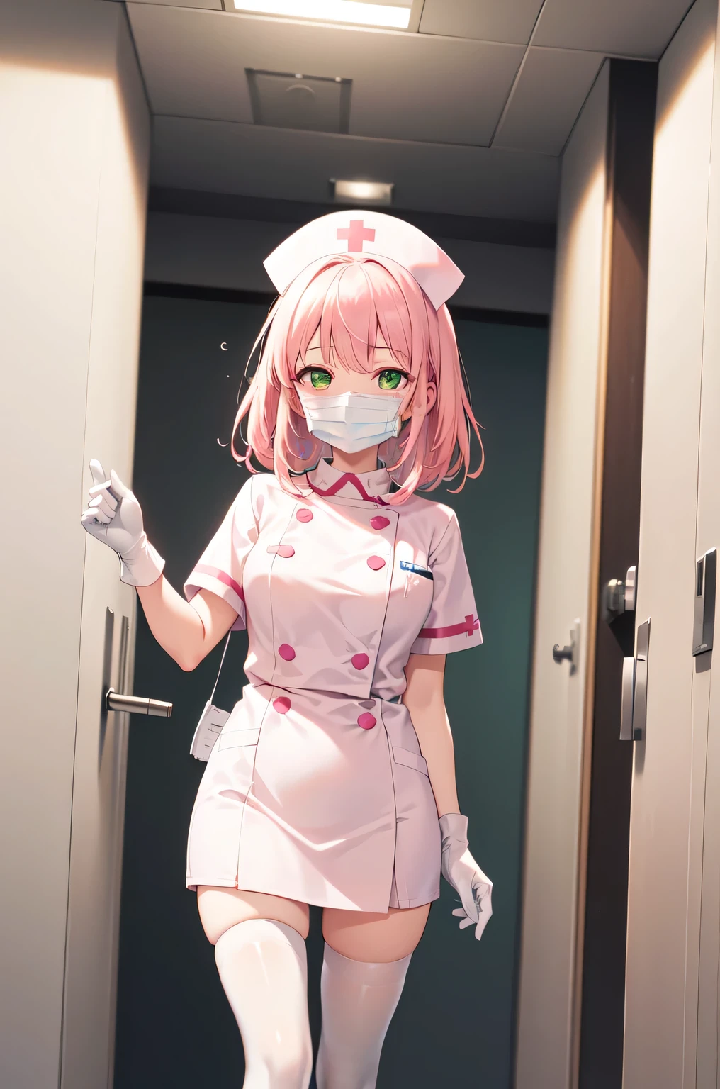1girl, solo, nurse, white nurse cap, white nurse uniform, ((white legwear, zettai ryouiki)), white gloves, pink hair, green eyes, drooping eyes, ((white surgical mask, covered nose)), standing, ((hospital room)), sharp outline, short sleeves, best quality, masterpiece
