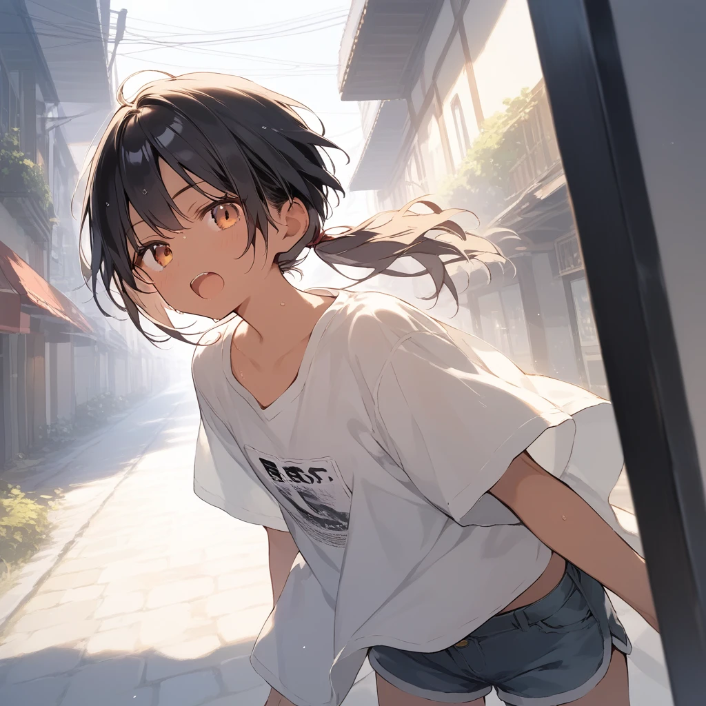 score_9, score_8_up, score_7_up, source_anime, best quality, masterpiece, official art, absurdres, highres, ultra-detailed,waifu2x,Collection: Slice of Life,break,1girl, tomboy, dark-skinned female, short hair, low ponytail, flat chest, beautiful detailed eyes, short shorts, sweat, open mouth, (yawn:0.3), sleepily, outdoors, wind, break,(clear line illustration:1.2),very high resolution, very aesthetic, super detailed skin, Best sexual lighting powered by famous artist, 8k,cute picture,beauty illustration,photoshop_(medium),,(Detailed Lighting),best anime 8k konachan wallpaper, pixiv contest winner, 