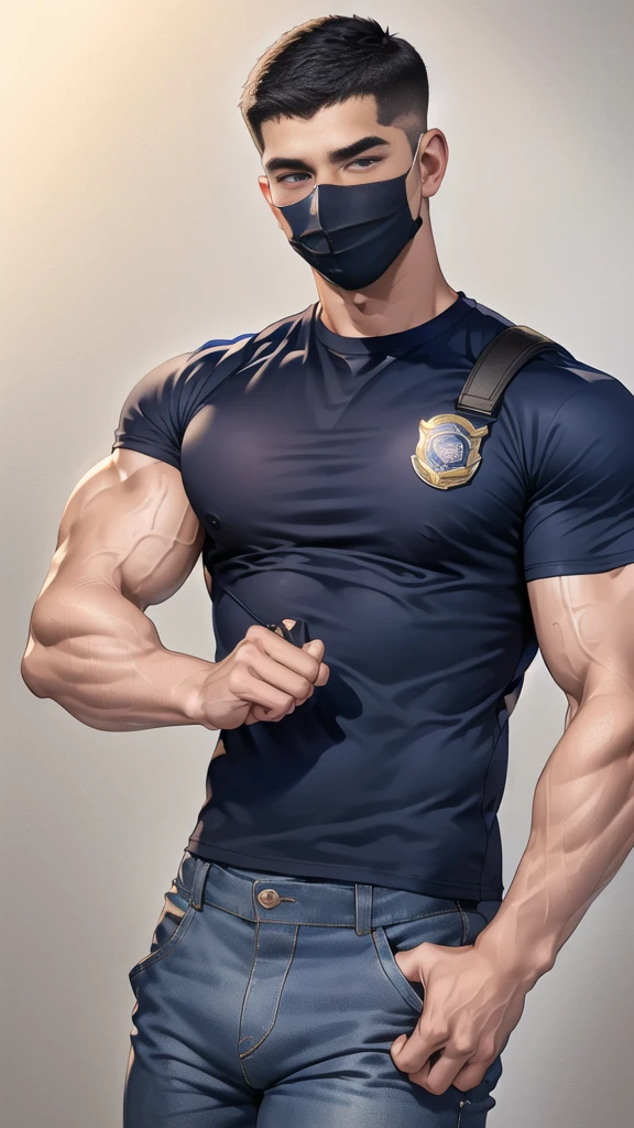 (handsome Man),(crew cut short hair:1.8),black eye,(Wear a fitted round neck t-shirt in navy with a police badge.:1.5),(fit neck),Navy blue jeans,(black_gloves:1.2), Korean guy,chest muscles,large arm muscles,blood vessel,Big muscles,Broad shoulders, (open mouth:1.2),(face up:1.2),(open eyes:1.5), middle of the road,smile,(backpack:1.3), In front of the bread shop ,(navy Cotton Mask:1.3