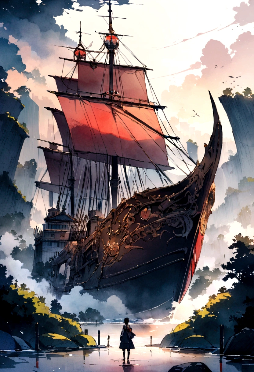 Landscape painting,ink and watercolor painting,water ink,ink,Dirt,Vision,Ultra-wide viewing angle,Scrupulous,A light boat in the distance,Vision,Scrupulous,wood,Dirt,Low saturation,Low contrast,The light ship crossed Mt. Manju.,Beautifully drawn,Detailed,Acura,Masterpieces,masterpiece,Tokyo