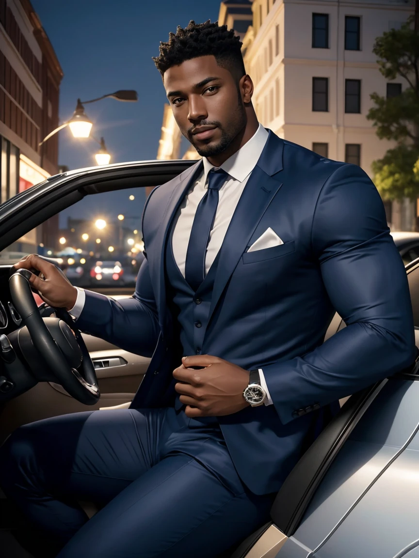 8K，8k resolution，2 muscular Europeans, handsome man，charming eyes，darkskin,comely, smooth and shiny，full muscles，Thick hair on the body， (wearing a stylish suit)，big bag，emphasize，Driving a luxury convertible，The car is full of roses，Two men smiling happily，professional lighting，professional photograpy，realistic photosrealistic model，realist art