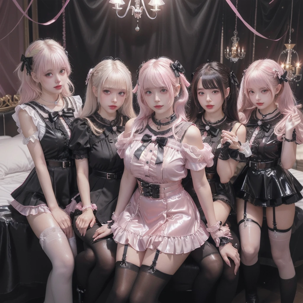 8K resolution, surreal, Super detailed, high quality, perfect anatomy, jammed, (4 girls)++, group shot, grin, smiling, Phenomenally cute, perfect proportion, full body, (((shiny pink satin, shiny pink latex, high neck, jirai fashion, shiny black sailor collar, short dress with many frills, pink Lace, micro mini skirt, bow ribbon)))+, (((bleached hair)))+, ((super large breasts)), sitting on bed, (At the bedroom with Chandelier at late night), ((see-through black thighhighs))+, looking at viewer, wet skin, sweat