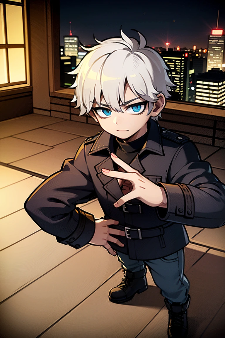 ((illustration)), (best quality)), ((masterpiece)), (detailed), ((night)), teenager, solo, 1boy, male focus, black trench coat, short hair, black hair, spiky hair, jeans, rubber shoes, cityscape, lineart, thick lines, itadori, itadori_yuuji, hair bangs, muscular, turtleneck