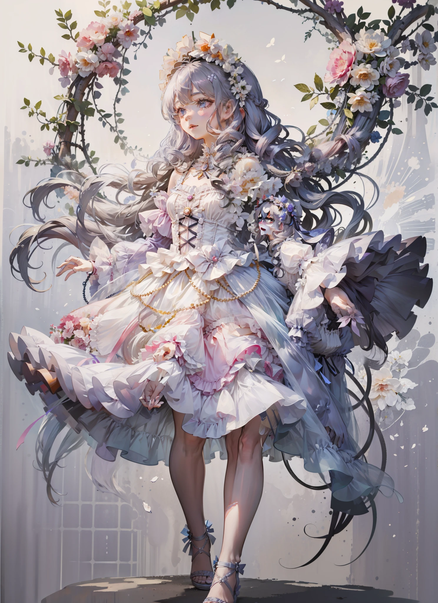 (Extremely delicate and beautiful:1.5),A Russian girl in her early 20s with ash grey hair, standing on your feet, solo, full body,Sweet face,Light smile,By bangs, Gemstone eyes, Contre-Jour,Long curly hair, Gothic-lolita dress, Keep one's mouth shut, seen from the side, lanterns, light particules, longer sleeves, looking at viewert,pink bows, The background is filled with seven colors, The face is dense((must)), Masterpiece