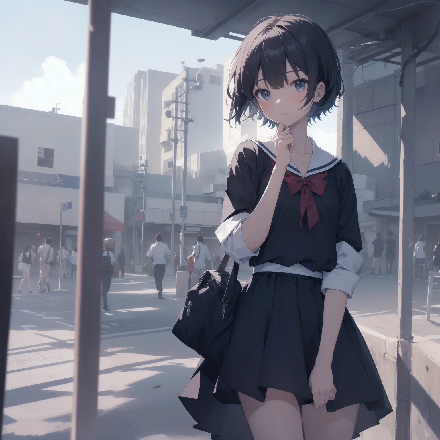 ultra-absurdres-Top quality by artist God, ultra-detailed, high resolution, anime moe artstyle, best anime 8k konachan wallpaper, pixiv contest winner, pool:2810, perfect anatomy,break, 1girl, (Please draw a girl walking sleepily to school alone. )break,(Solo,little female, 13-year-old:1.3),Full limbs, complete fingers,a junior high school student, (very short hair), short cut, flat chest, , small butt, small black eyes, beautiful detailed eyes, well-proportioned iris and pupils, expressive eyes, highres detailed hair, soft expression, salor school_uniform, sailor collar, serahuku, bow, pleated skirt,(Detailed Lighting), (Detailed background), in the School commute route. break,super detailed skin, Best cinematic lighting powered by famous artist, 8k,beauty illustration,photoshop_(medium),very aesthetic,break,((artist:saiguchi_otoufu )), artist:clamp ,artist:carnelian ,artist:kantoku ,