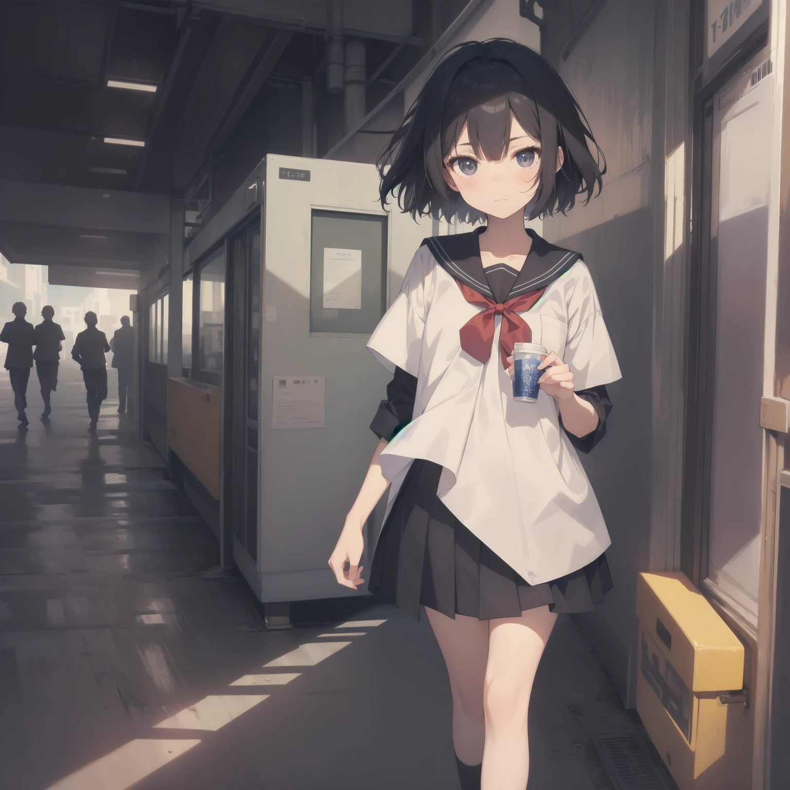 ultra-absurdres-Top quality by artist God, ultra-detailed, high resolution, anime moe artstyle, best anime 8k konachan wallpaper, pixiv contest winner, pool:2810, perfect anatomy,break, 1girl, (Please draw a girl walking sleepily to school alone. )break,(Solo,little female, 13-year-old:1.3),Full limbs, complete fingers,a junior high school student, (very short hair), short cut, flat chest, , small butt, small black eyes, beautiful detailed eyes, well-proportioned iris and pupils, expressive eyes, highres detailed hair, soft expression, salor school_uniform, sailor collar, serahuku, bow, pleated skirt,(Detailed Lighting), (Detailed background), in the School commute route. break,super detailed skin, Best cinematic lighting powered by famous artist, 8k,beauty illustration,photoshop_(medium),very aesthetic,break,((artist:saiguchi_otoufu )), artist:clamp ,artist:carnelian ,artist:kantoku ,