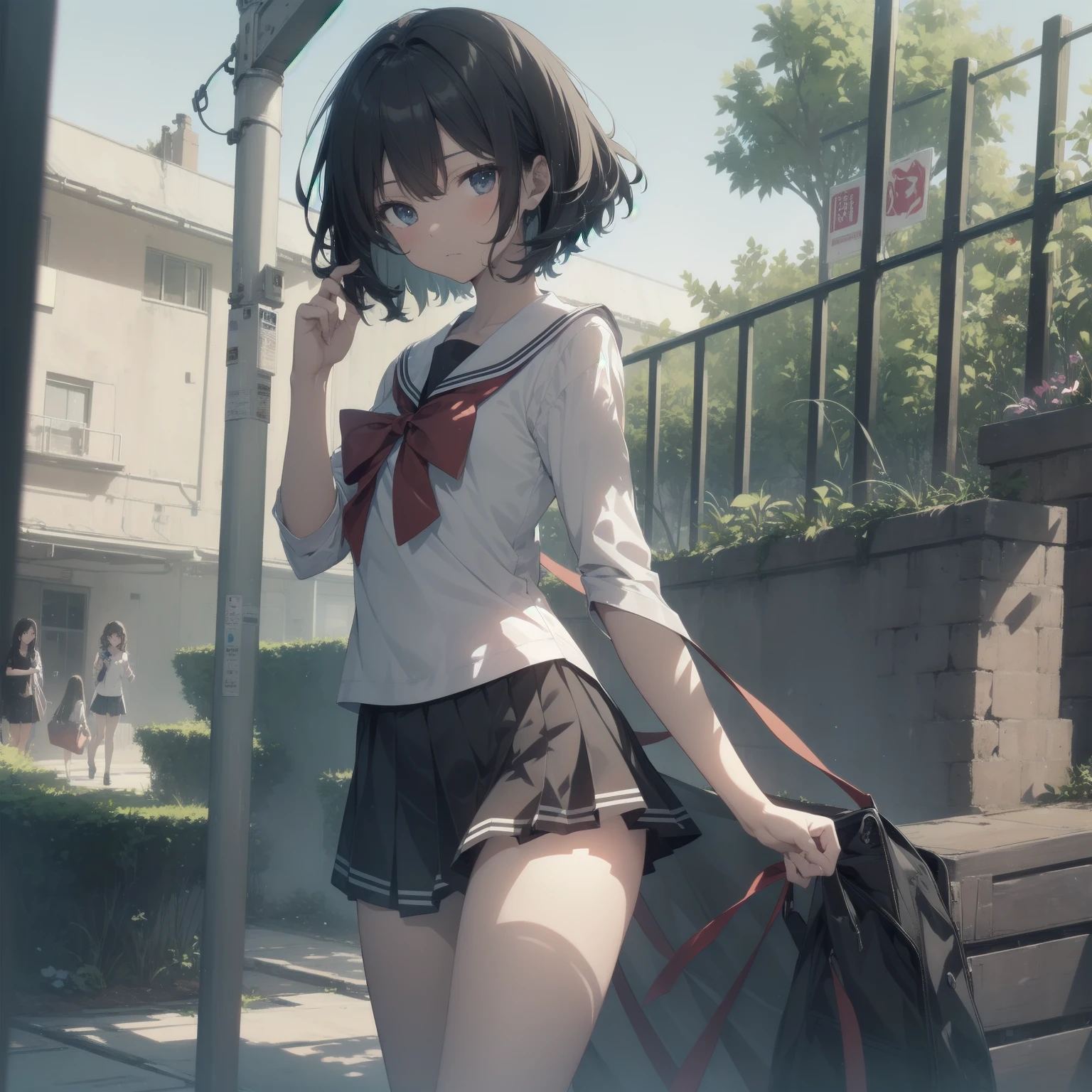 ultra-absurdres-Top quality by artist God, ultra-detailed, high resolution, anime moe artstyle, best anime 8k konachan wallpaper, pixiv contest winner, pool:2810, perfect anatomy,break, 1girl, (Please draw a girl walking sleepily to school alone. )break,(Solo,little female, 13-year-old:1.3),Full limbs, complete fingers,a junior high school student, (very short hair), short cut, flat chest, , small butt, small black eyes, beautiful detailed eyes, well-proportioned iris and pupils, expressive eyes, highres detailed hair, soft expression, salor school_uniform, sailor collar, serahuku, bow, pleated skirt,(Detailed Lighting), (Detailed background), in the School commute route. break,super detailed skin, Best cinematic lighting powered by famous artist, 8k,beauty illustration,photoshop_(medium),very aesthetic,break,((artist:saiguchi_otoufu )), artist:clamp ,artist:carnelian ,artist:kantoku ,