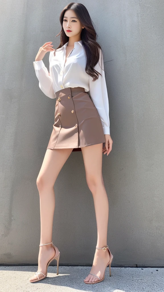 Three Asian women in short dresses taking a photo、細Long legs、sleek legs、Tall and thin、Wear tight、Simple clothes、mini skirt、Tall and thin、Tight clothing、良いお尻とLong legs、Korean female fashion model、Long legs、クロップトップとmini skirtを着用、Waist height、Office Clothes、(Highest quality、high resolution、High resolution、masterpiece:1.3)、Clear photos、Photos like the real thing、Beautiful woman、Perfect proportions、RAW Photos、Natural light、High heels、Brown medium long hair