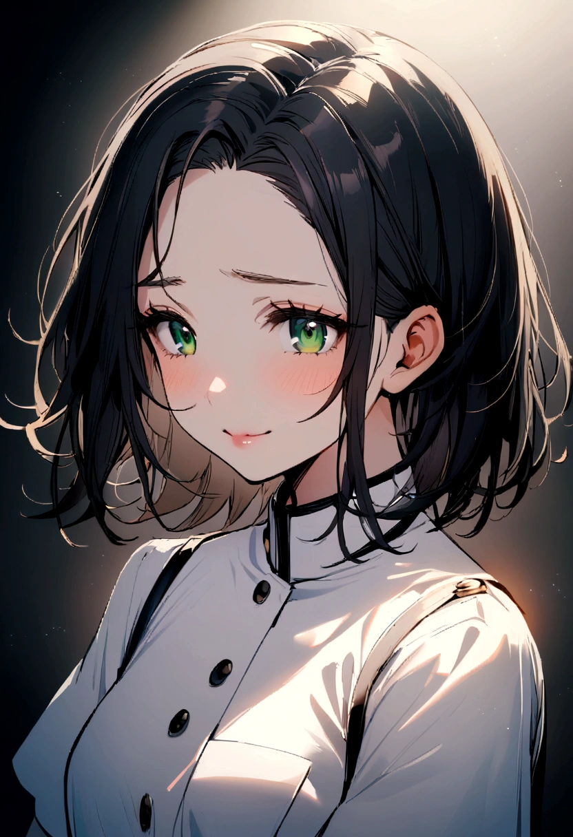 One Girl,20-year-old,Beautiful Face,Upper Body,Medium Sidecut, Black Hair, Sharp focus,White nurse uniform、A shy smile、Gentle eyes、Droopy eyes、Green Eyes