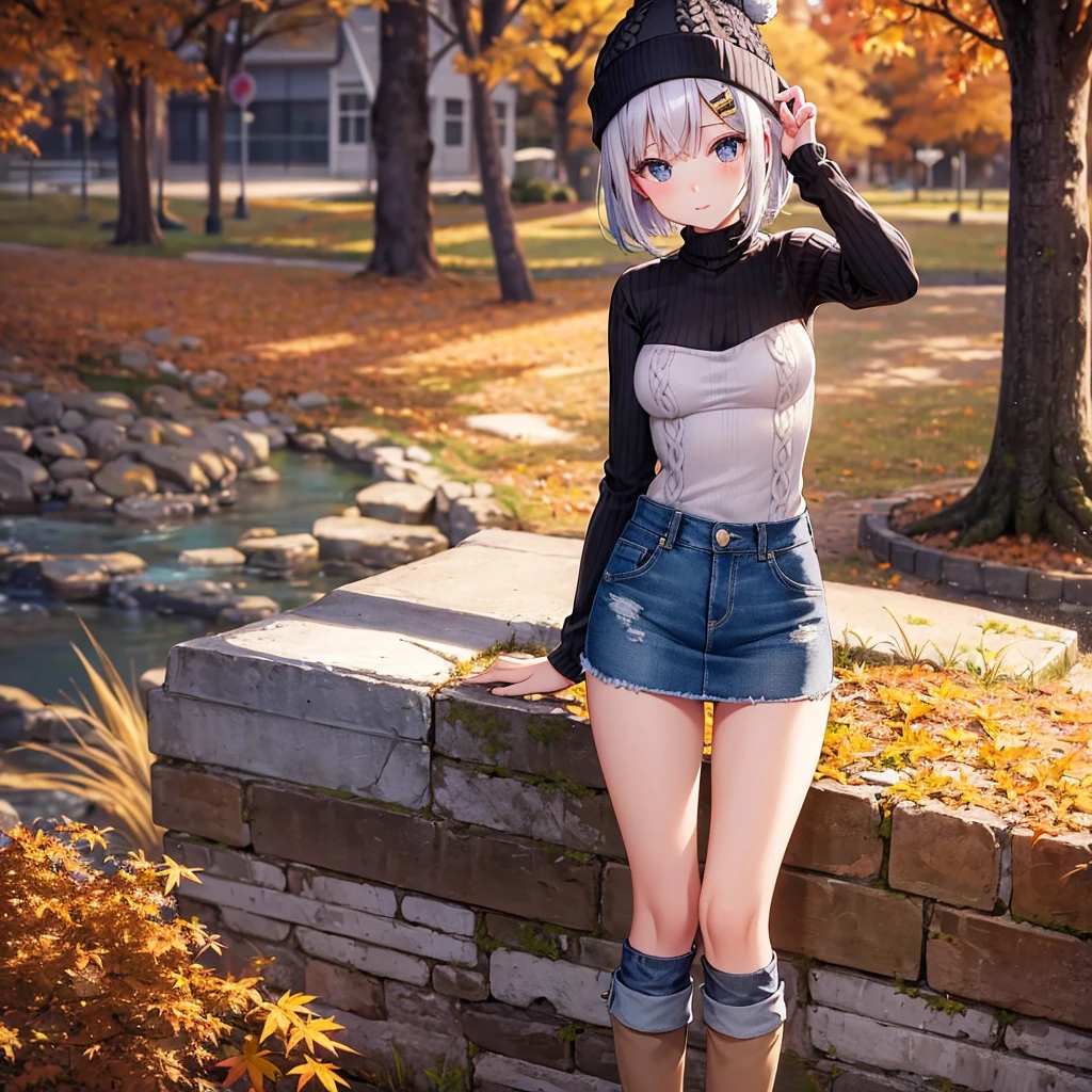 8K high quality,1 pretty girl,Complete limbs,Full Finger,Short Bob,Knitted hat,Knitted sweater,Denim skirt,Small breasts,Autumn park,Denim skirtの中から黒いパンツが見える