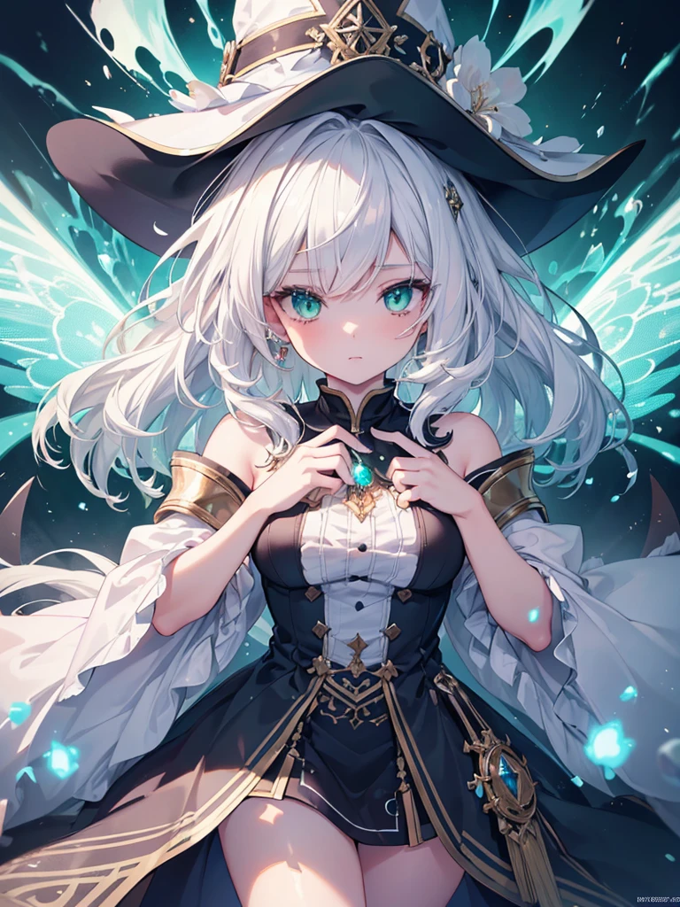 (masterpiece),(top-quality),(ultra-detailed),(high resolution),(in 8K animation),(beautifull detailed face),(beatiful detailed eyes),(anatomically correct),1girl,white hair,fluffy hair,green eyes,witchcraft,a lot of glowing particles,laboratory