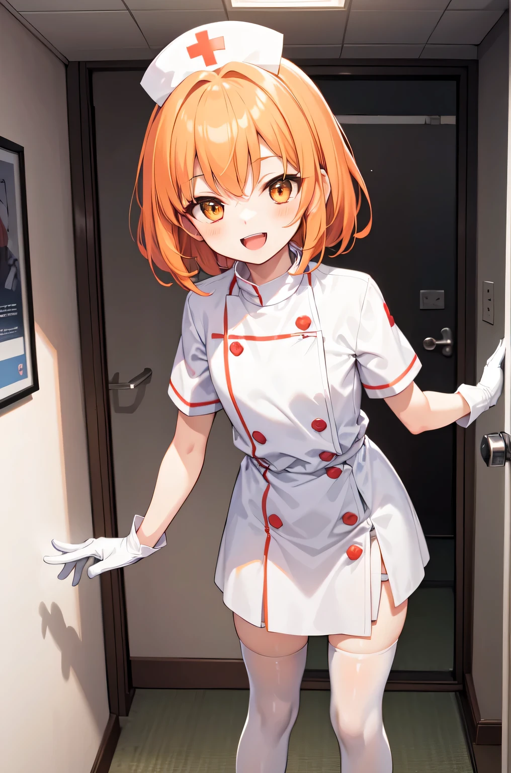 1boy, solo, male focus, nurse, white nurse cap, white nurse uniform, ((white legwear, zettai ryouiki)), white gloves, short hair, orange hair, smile, open mouth, standing, ((hospital room)), sharp outline, short sleeves, shota, 12 years old, best quality, masterpiece