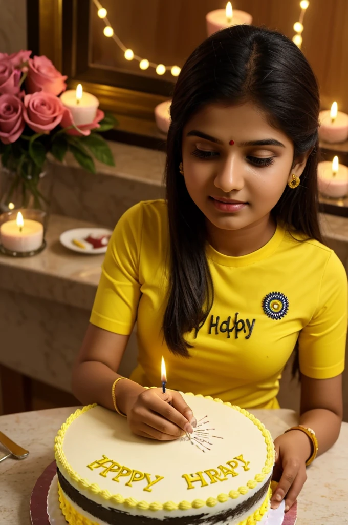 Create a 3d image in which a Indian teenager girl cutting Cake wearing yellow color top with Name "Priya" is written clearly on the Cake and 18 year candle burning on the cake, image features with birthday decorated view realistic image