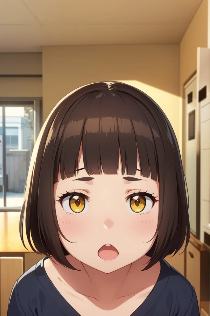 ((Small Breasts)),Beautiful nipples、Highest quality、Very delicate and beautiful、((Very short bangs))、((Bangs))、Light shiny brown hair、The hair is light、((Short Bob))、Cute face、Young face、Cute like an idol、Yellow Eyes、Are thin、Slim figure、Short、（Child body type）、Embarrassed face、Open Mouth、Red face、（School classroom）、Photographed from the front、