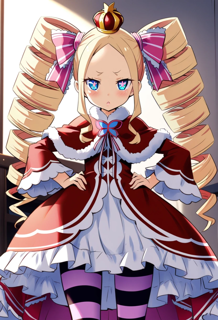 hmanga, (best quality, masterpiece:1.2), ultra detailed, (anime), 1girl, Beatrice, \(Re:Zero\), beatrice, blonde hair, blue eyes, (butterfly-shaped pupils:1.5), drill hair, long hair, parted bangs, (forehead:1.5), symbol-shaped pupils, twin drills, sidelocks, lips, bow, capelet, crown, dress, frilled bow, frills, fur trim, fur-trimmed capelet, long dress, long sleeves, mini crown, pantyhose, red capelet, sleeves past wrists, striped, striped pantyhose,, standing, hands on hips, (front view), room.