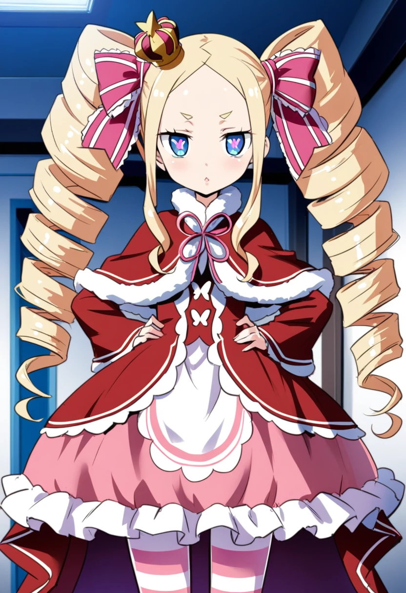 hmanga, (best quality, masterpiece:1.2), ultra detailed, (anime), 1girl, Beatrice, \(Re:Zero\), beatrice, blonde hair, blue eyes, (butterfly-shaped pupils:1.5), drill hair, long hair, parted bangs, (forehead:1.5), symbol-shaped pupils, twin drills, sidelocks, lips, bow, capelet, crown, dress, frilled bow, frills, fur trim, fur-trimmed capelet, long dress, long sleeves, mini crown, pantyhose, red capelet, sleeves past wrists, striped, striped pantyhose,, standing, hands on hips, (front view), room.