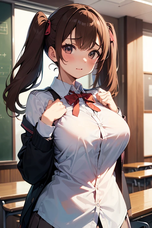 closeup upperbody,breasts focus,Looks bigger breasts,(bascule breasts:1.5),(Chewy breasts,tender breasts:1.3),blouse,(clothed breasts:1.4),(Floating up breasts:1.1),school blazer,(schooluniform),(Attract the attention of the public,crowd:1.3),(indoor:1.3),Twin tails,Brown Hair,Big ribbon,