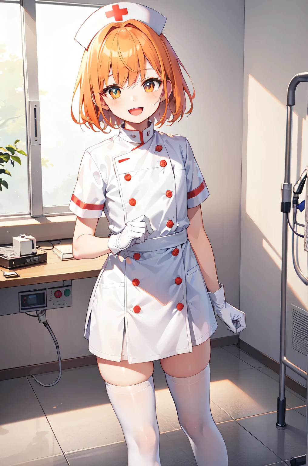 1boy, solo, male focus, nurse, white nurse cap, white nurse uniform, ((white legwear, zettai ryouiki)), white gloves, short hair, orange hair, smile, open mouth, standing, ((hospital room)), sharp outline, short sleeves, shota, 12 years old, best quality, masterpiece