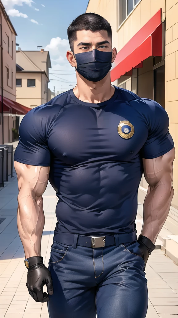(handsome Man),(crew cut short hair:1.8),black eye,(Wear a fitted round neck t-shirt in navy with a police badge.:1.5),(fit neck),Navy blue jeans,(black_gloves:1.2), Korean guy,chest muscles,large arm muscles,blood vessel,Big muscles,Broad shoulders, (open mouth:1.2),(face up:1.2),(open eyes:1.5), middle of the road,smile,(backpack:1.3), In front of the bread shop ,(navy Cotton Mask:1.3