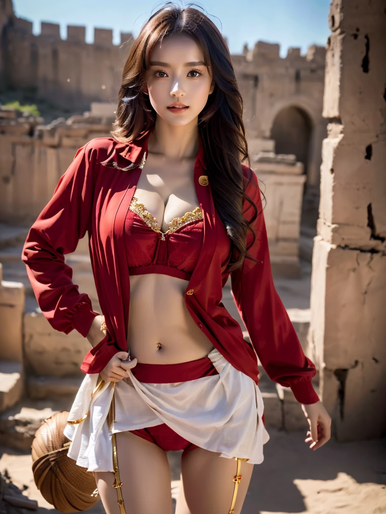 (8k, RAW image, best quality, masterpiece:1.2), (realistic, real photo:1.4), (ultra-detailed 8k unity CG wallpaper), (1 girl:1.5), Western beauty, (Red clothes:1.4), red spots on forehead, pale skin, blushing, big eyes, full body, thighs, exposed navel, gold belt necklace, gold jewelry, flying ribbons, beads, background is the ancient city of Loulan, ancient city wall, desert, dance, dunhuang_dress, dunhuang_style ,