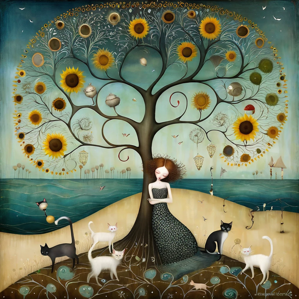 style inspired by Klimt, Nicoletta Ceccoli, Catrin Welz-Stein, Didier Lourenço, and Leonora Carrington. In the seascape of a beach, with dunes, grass, a large tree with many large branches moving in every direction. At the foot of the tree lies a woman with small breasts. Near her are cats, with long necks and tails and many colors, sleeping. sunflower flowers and dandelion flowers.