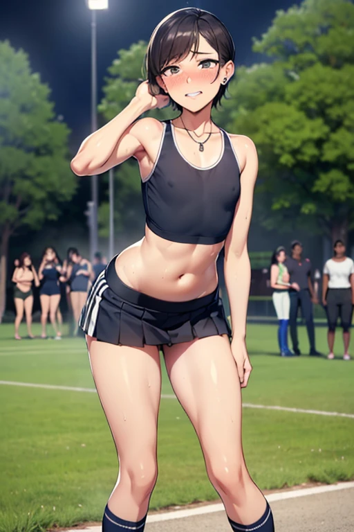 NSFw,((highest quality)), (masterpiece: 1.2), very detailed,(perfect and beautiful posture:1.2),(fullbody shot:1.3,Solo,mature man),(short cut hair),(flat chest:1.4), ((confused,embarrassed and blush:1.3)), shyness:1.1, (Sweaty, sunburned skin:1.3), (tight Sports bra, short Pleated miniskirt:1.3),(erect nipples:0.2),navel out,(fake smile:1.5), ((stand upright:1.5)),earrings,necklace,lips, steaming body, show teeth,midriff,At midnight,outside, black long socks,skneakers,thick red lips,drooling,excessive cum,skinny,outdoor,navel out,(tight thigts),heavy breathing,white and blue Track uniform,looking at viewer,mouth open a little,(chubby),tears,slit,((in the crowded Night park)),cum dropped from between legs