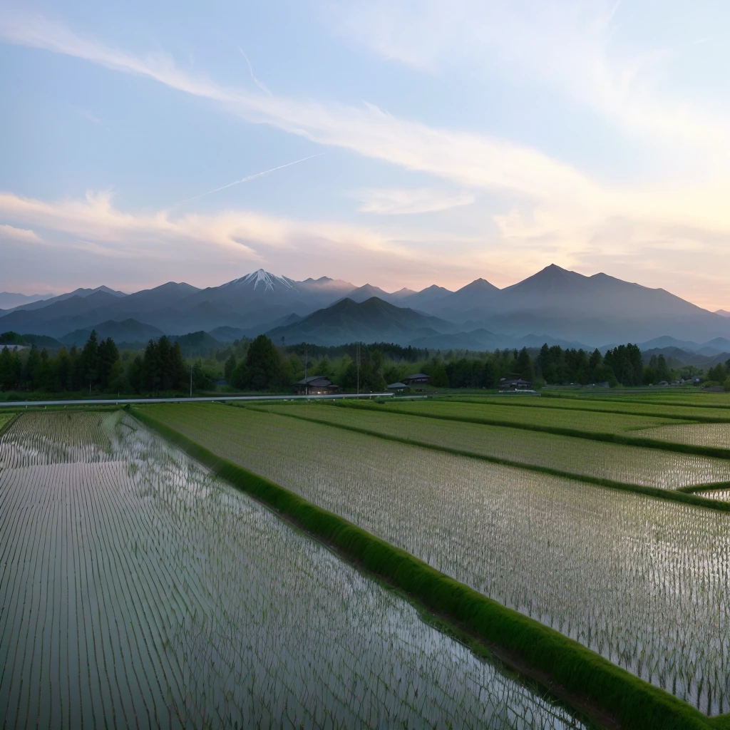 The fields of Arafed with the mountains in the background, Japanese countryside, Japanese countryside, Japanese countryside, rice paddies, Japan Countryside Travel, Gunma Prefecture, rice, Night setting, Ibaraki Prefecture, Mountains in Japan, Japanese Harvest, aomori japan, korean countryside, At dusk!, beautiful iwakura, saitama prefecture