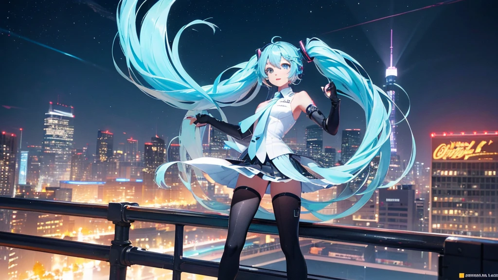 This painting depicts a scene from a city rooftop dance event featuring Hatsune Miku.。With the night view in the background、She performs energetically on the rooftop。The stage lights illuminated her futuristic outfit.、It blends in with the lights of the surrounding buildings.