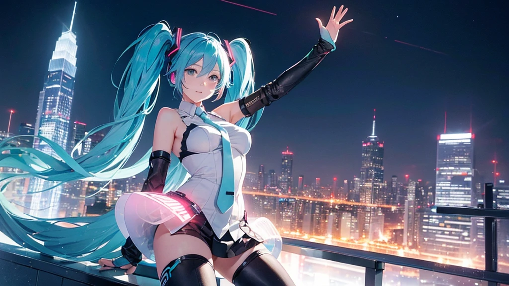 This painting depicts a scene from a city rooftop dance event featuring Hatsune Miku.。With the night view in the background、She performs energetically on the rooftop。The stage lights illuminated her futuristic outfit.、It blends in with the lights of the surrounding buildings.