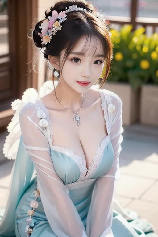 (8K, hyper-high detail, gorgeous chinese lady, ample round bosom, Cute face, cheerfulness, short hair, Impressive hairstyle, Detailed eyes, Detailed lips, Chinese Hanfu, Lace, wearing jewellery, bokeh background, Flowers, morning, snowing, head to knees, side shot)