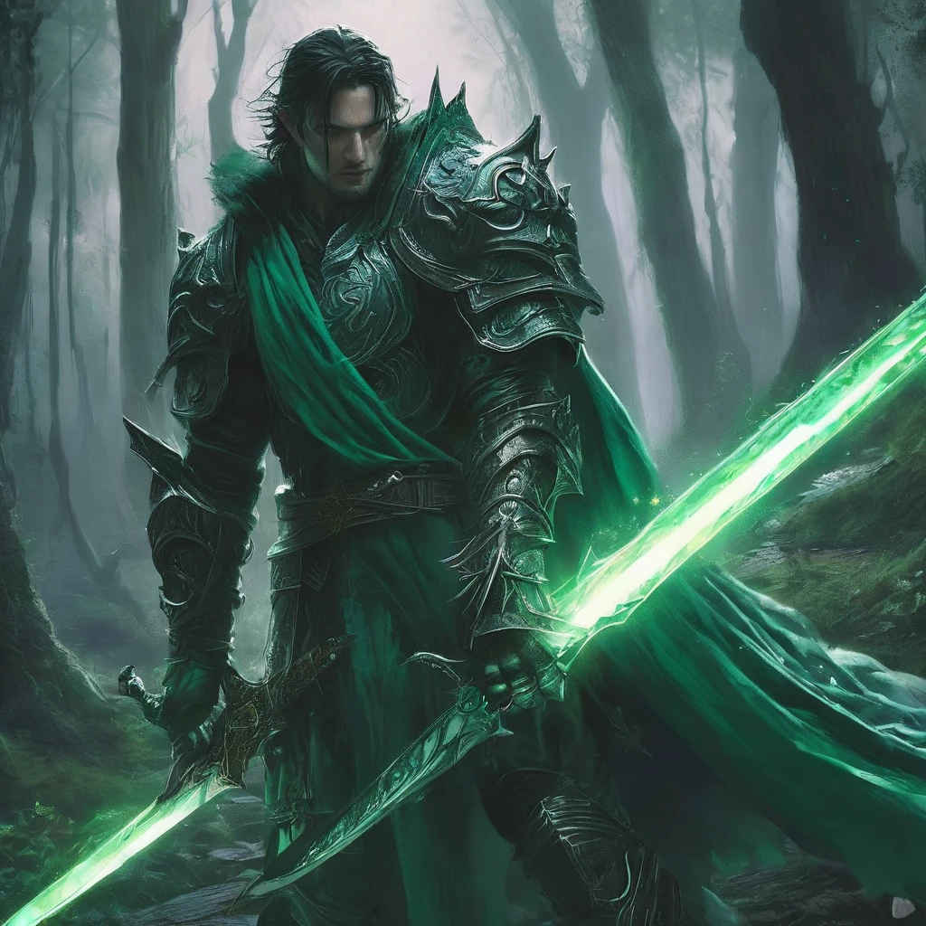 Amidst the ancient forest, a short, black-haired prince clad in emerald green armor wields a legendary sword from a bygone era. Describe the moment when he encounters a mythical creature lurking in the shadows, weaving together elements of medieval dark fantasy."
