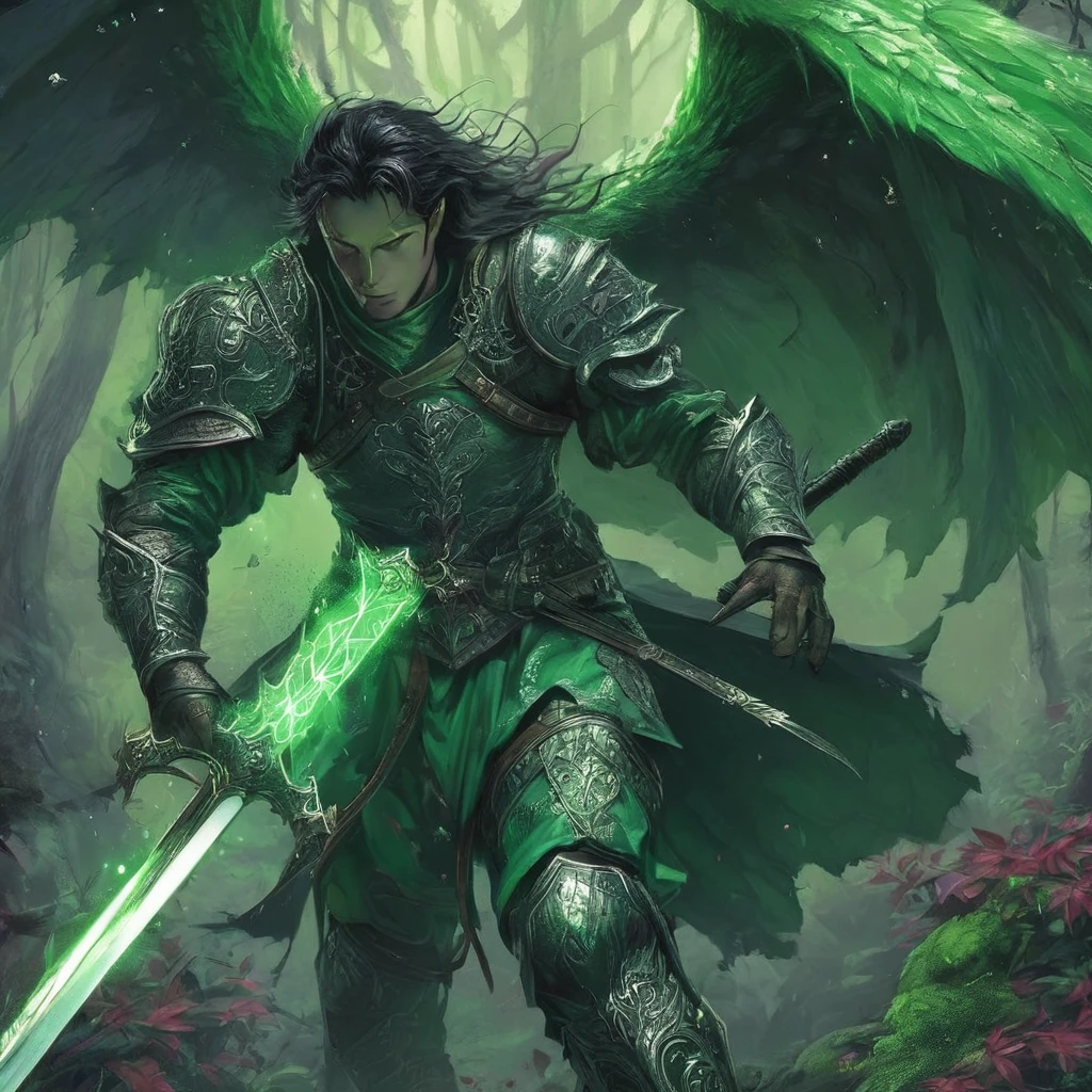 Amidst the ancient forest, a short, black-haired prince clad in emerald green armor wields a legendary sword from a bygone era. Describe the moment when he encounters a mythical creature lurking in the shadows, weaving together elements of medieval dark fantasy."






