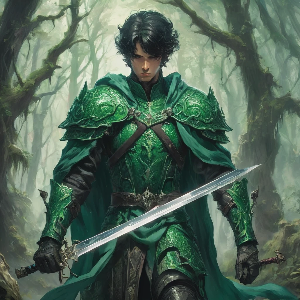 Amidst the ancient forest, a short, black-haired prince clad in emerald green armor wields a legendary sword from a bygone era. Describe the moment when he encounters a mythical creature lurking in the shadows, weaving together elements of medieval dark fantasy."