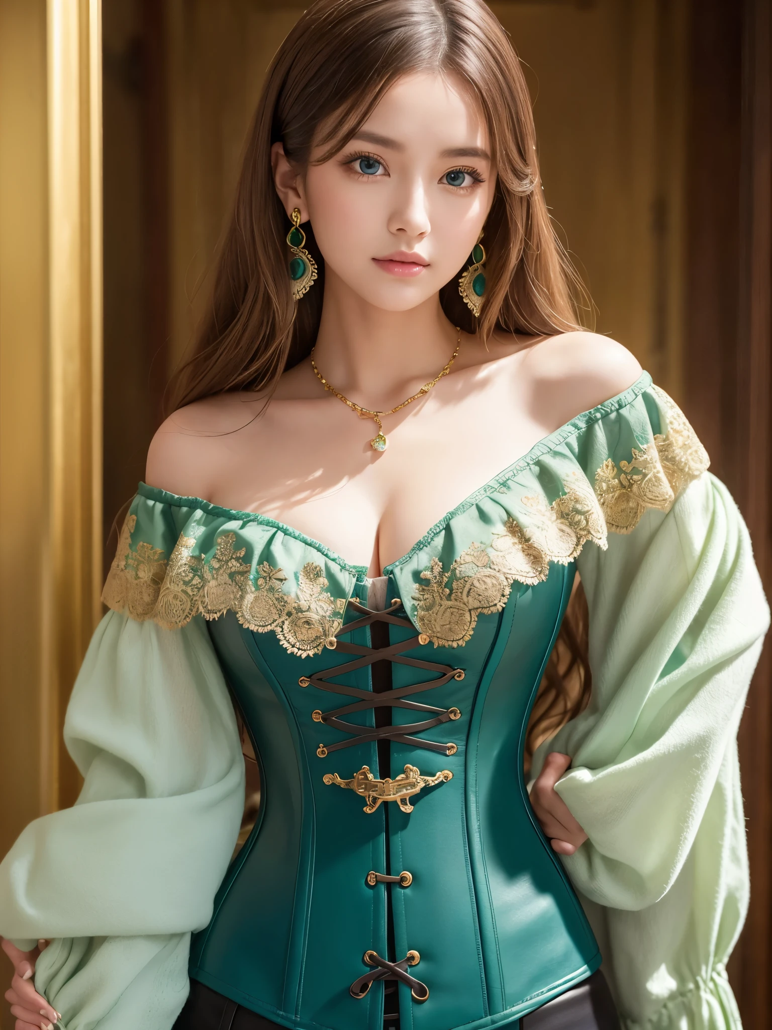 Create a detailed portrait of a young woman。She is fair-skinned and、She has long, wavy light brown hair.。With striking blue eyes、She is wearing an off-the-shoulder cream colored blouse with intricate lace detailing。Over the blouse, she wears a teal colored corset that accentuates her figure.、Decorated with a brown leather belt with a brass buckle。Jewelry、Gold necklace with a large green gemstone、Same green earrings、She also wears a decorative hair clip in the same color as the corset.。Background、It's a soft pastel gradient that gives a subtle contrast to her outfit.。The lighting is soft and uniform、This will highlight her delicate features but won't cast harsh shadows.。His expression is full of confidence、Be gentle、There's a slight smile on your lips。The camera angle is from the front、Captures from the waist up。Her clothing and jewelry are detailed with textures.、Reflect high craftsmanship。