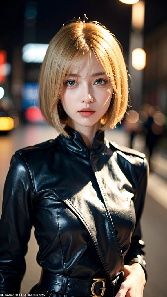 ((Best Quality, 8k, Masterpiece: 1.3)), Focus Sharp: 1.2, Outstanding Beauty: 1.4, Blonde, police uniform: 1.1, (Night City, Street: 1.1), bob cut hairstyles, Highly Detailed Face and Skin Texture, Detailed Eyes, Double Eyelids, Gun, 