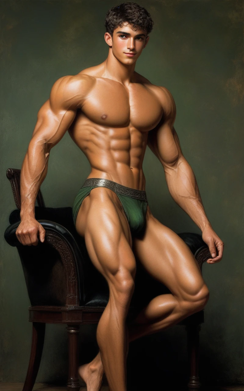 ((1 man wearing small black loincloth, sitt on a chair with his legs up showing his anus in a complete negative black space, smiling, focused gaze)) in henry scott tuke and Peter Paul Rubens art style, ultra detailed, ultra realistic, ambient lighting, becoming the subject composition, soft neutral colors, perfect components layout, divine proportions, wide angle, fullbody, in henry scott tuke art style, ultradetailed, ultrarealistic, 8k resolution, HD,
A young man, latino, cinnmon skin, thin face, straight nose, thin lips, square chin, large black eyes, short black, wavy hair, in roberto ferri style, aesthetic slim athletic body, very tall, latino, realistic skin, gorgeous, realistic detailed tonned muscles, barefoot, perfect anatomy, muscled fitness body, 195cm tall, realistic skin, skinny realistic detailed muscles,
he is wearing small green loincloth, man standing naked small flacid penis, barefoot, perfect detailed feet, relaxed body lenguaje, relaxed face expresion. , masterpiece, pricewinner, madoka_magica ((background black negative space)