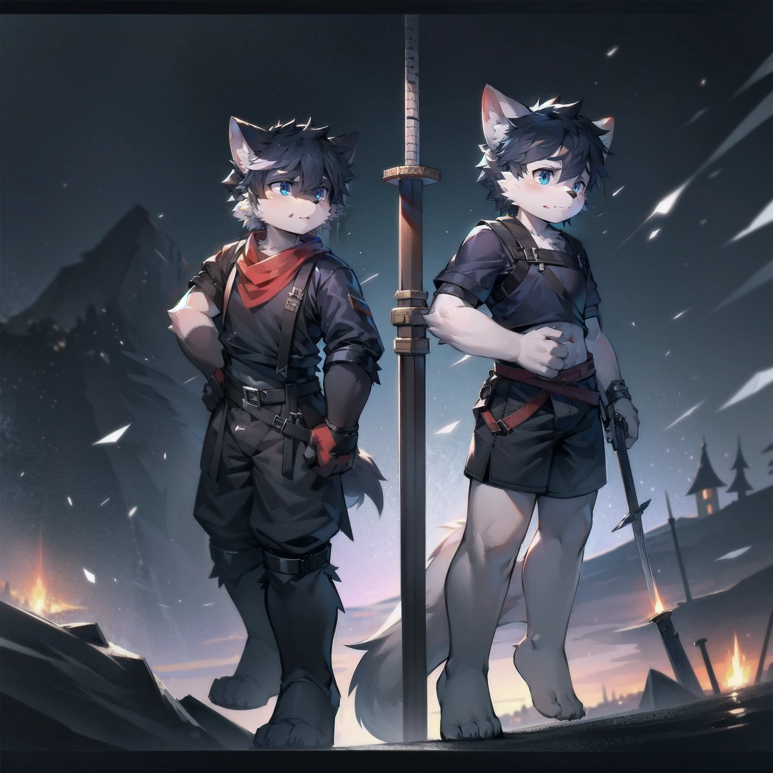 White Wolf，black hair，Sky blue eyes，hairy，Wolf ears，Wolf tail，Full body portrait，The character is in the center of the frame，Handsome，Confident eyes，male，juvenile，Black and white combat uniform，Red neck bib，Black shorts，Short sleeve，hairy arms and legs，Dark background，Dark battlefield，dawn，sunrise，dawn，illumination，shadow，Swordsman，Scabbard and sword，Hold the hilt of a sword in your hand，The scabbard is at the waist，Highest quality