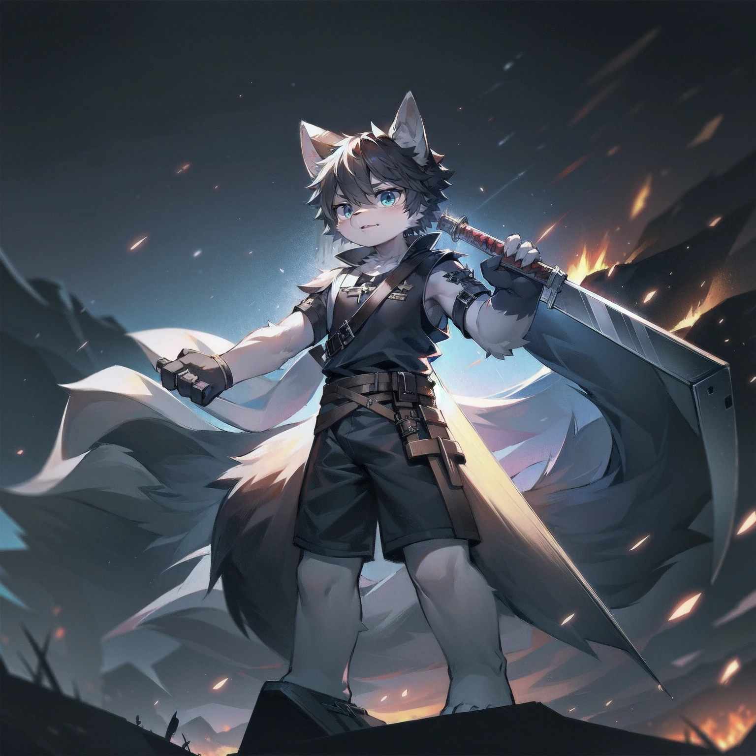 White Wolf，black hair，Sky blue eyes，hairy，Wolf ears，Wolf tail，Full body portrait，The character is in the center of the frame，Handsome，Confident eyes，male，juvenile，Black and white combat uniform，Red neck bib，Black shorts，Short sleeve，hairy arms and legs，Dark background，Dark battlefield，dawn，sunrise，dawn，illumination，shadow，Swordsman，Scabbard and sword，Hold the hilt of a sword in your hand，The scabbard is at the waist，Highest quality