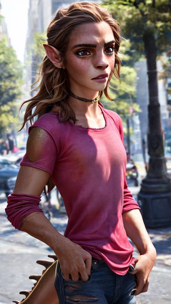 1girl, ewt, Emma watson, beautiful detailed eyes, beautiful detailed lips, extremely detailed eyes and face, long brown hair, pink t-shirt, jeans, standing on a street corner, award winning, intricate details, photorealistic, cinematic lighting, volumetric lighting, depth of field, beautiful face, striking pose, dynamic composition, vivid colors, warm tones, transformation into a dragon, green dragon with gold scales, magma breath