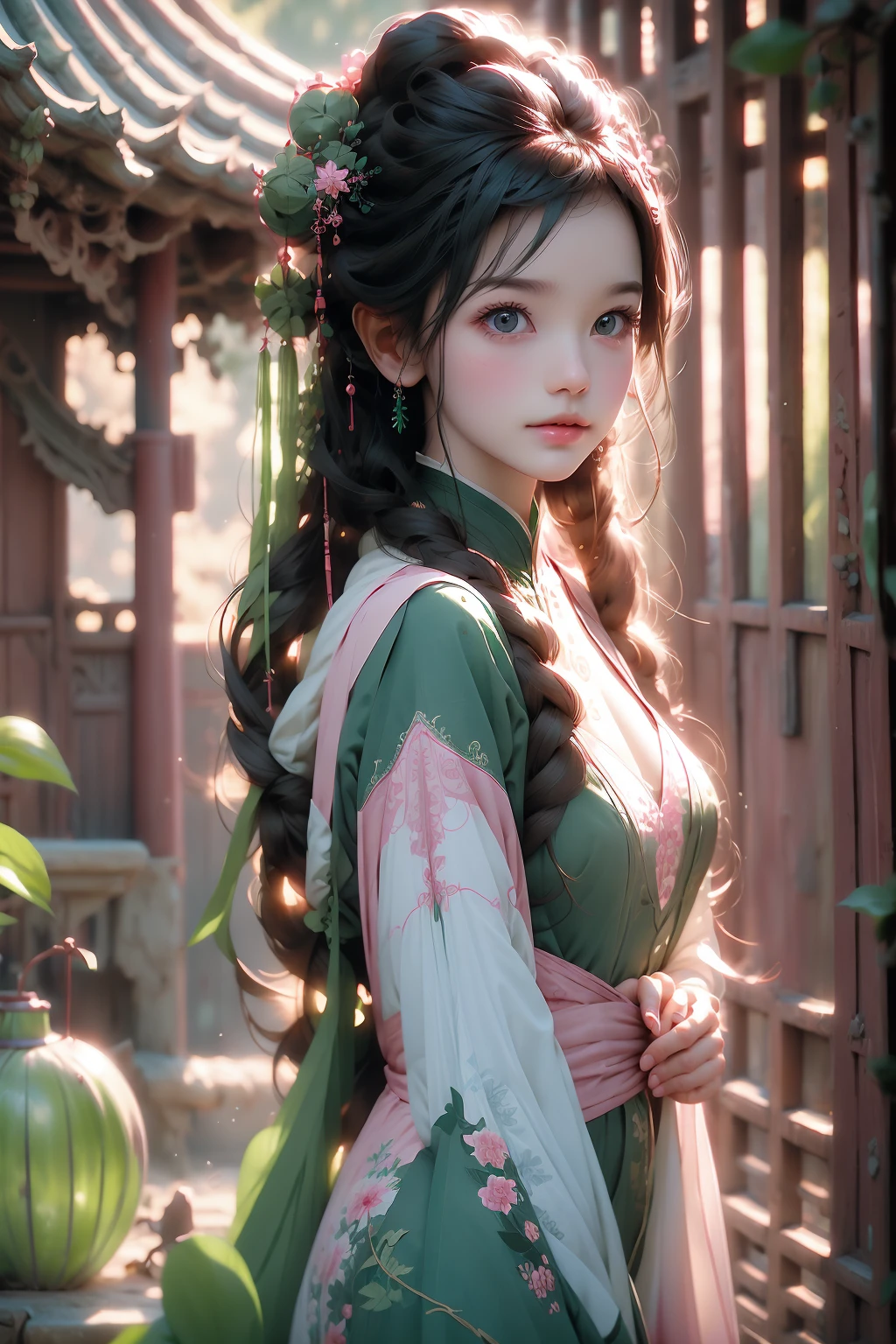 HD, Chinese animation style, Anime girl wearing a flowing dark green dress, Long hair coiled hair,With green hosta, innocent expression, Bright big blue eyes, Holding a round crystal, Natural Beauty, Vibrant colors, Dreamy, Northern Lights, Pink bubbles, Romantic, Soft lighting, Retro aesthetics